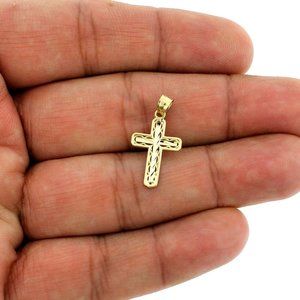 Real 10K Yellow Gold Diamond Cut Cross Pendant